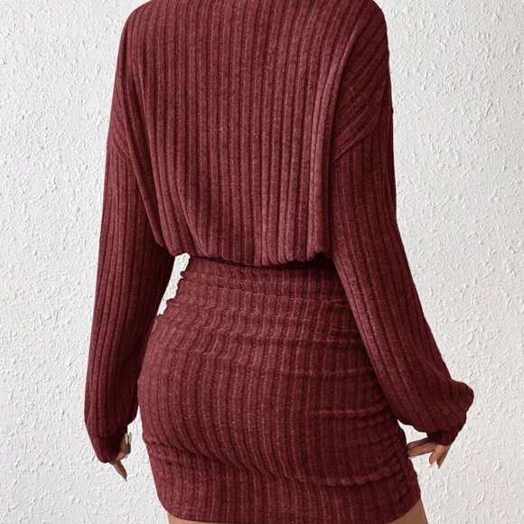 Women's Ribbed Knit Sweater Dress Long Lantern Sleeves Turtleneck Mini - Picture 3 of 5